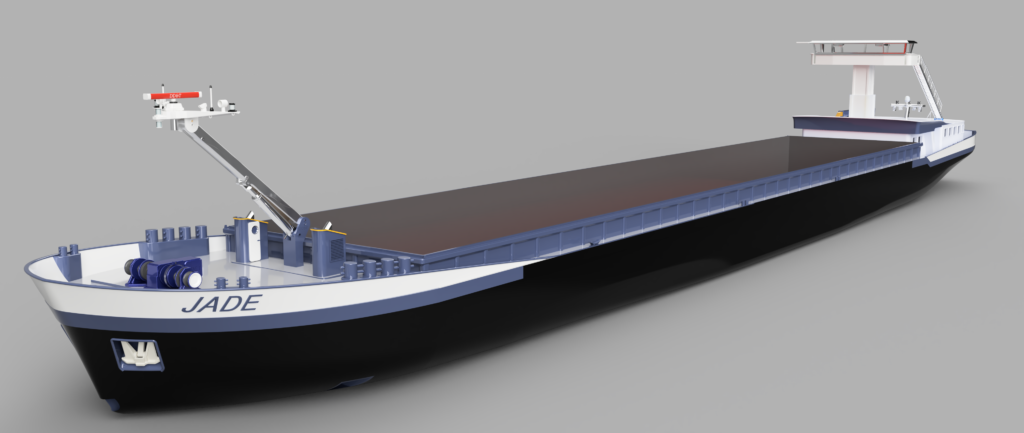 Binnenvaartschip Jade 86x14.2x4.2 vooraanzicht in 3D
