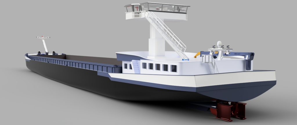 Binnenvaartschip Jade 86x14.2x4.2 achteraanzicht in 3D