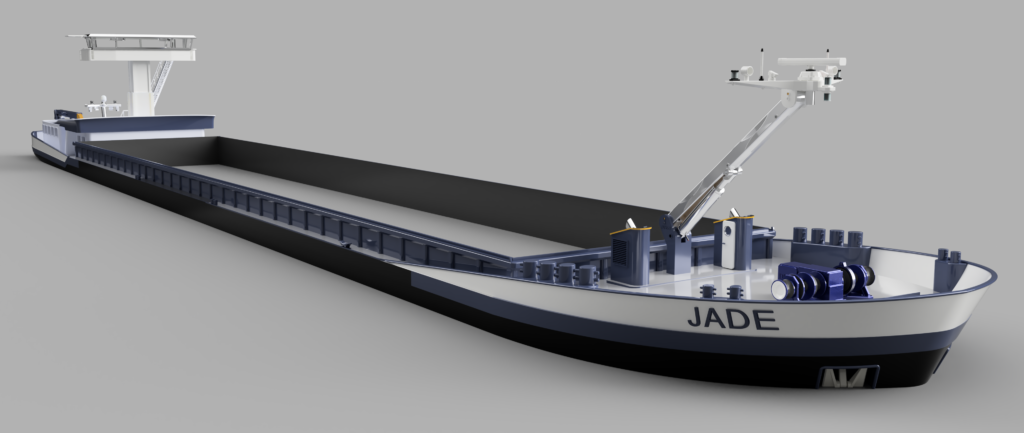 Binnenvaartschip Jade 86x14.2x4.2 zijaanzicht in 3D