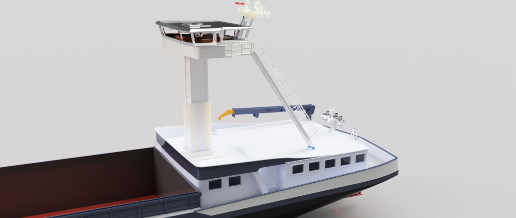 Binnenvaartschip Jade 86x14.2x4.2 bovenaanzicht in 3D