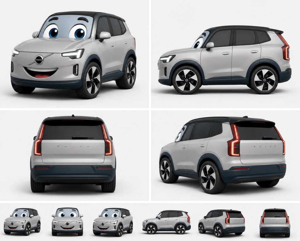 3D-ontwerp van een auto mascotte in vier aanzichten
