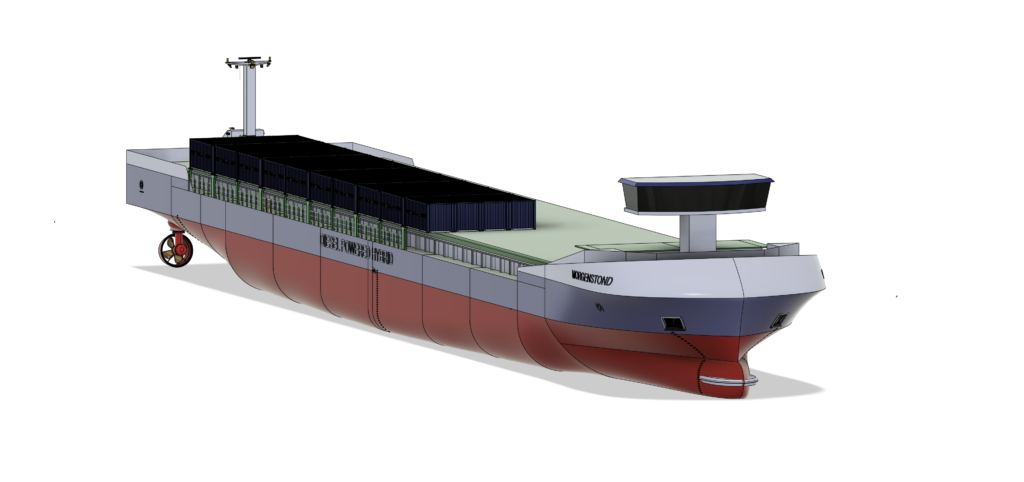 Containerschip versie 8.6 re-engineered achteraanzicht in 3D