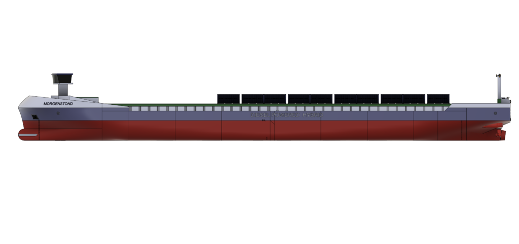 Containerschip versie 8.6 re-engineered zijaanzicht in 3D