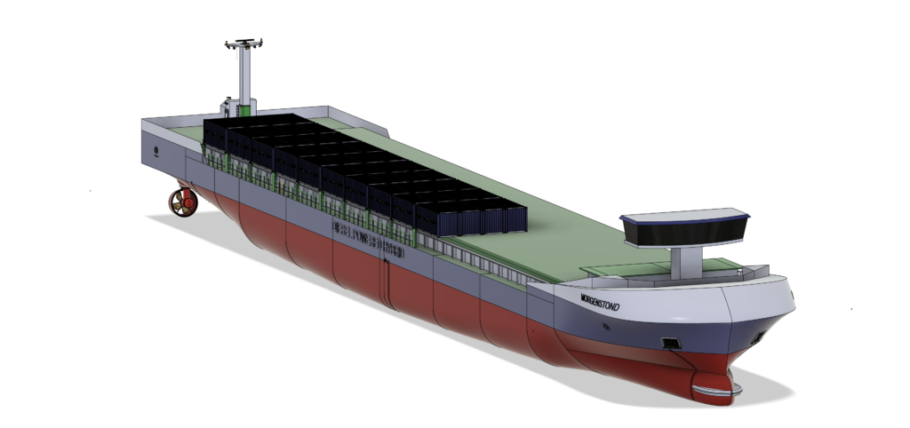 Containerschip versie 8.6 re-engineered met groen dek in 3D